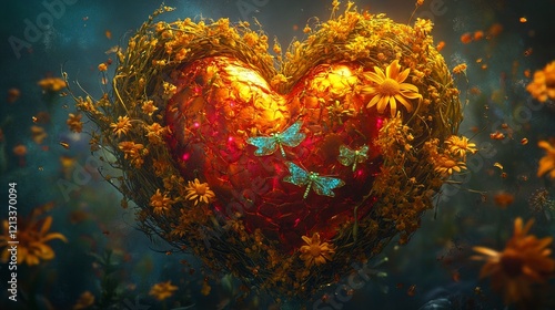 Golden Heart Encased in Wildflowers with Dragonflies