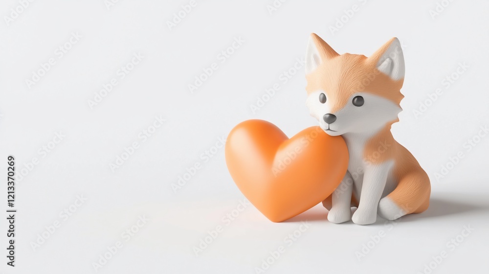 Obraz premium Cute 3D rendering of a fox cub sitting next to an orange heart.
