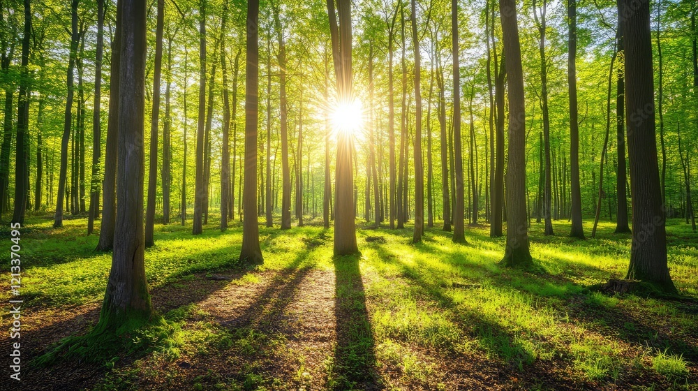 A pristine, untouched forest with clear skies above, symbolizing natural carbon reduction, with open space in the sky for copy A pristine, untouched forest with clear skies above, symbolizing natural carbon reduction, with open space in the sky for copy