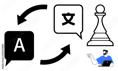 Speech bubbles with English and Chinese characters, exchange arrows, chess pawn, person with laptop. Ideal for language translation, global communication, strategy planning, digital tools