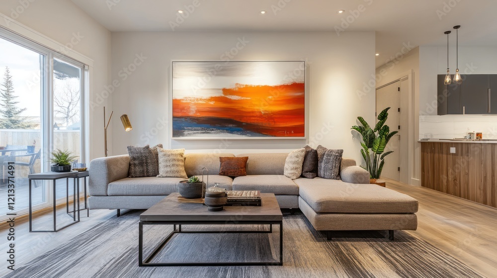 Modern sectional sofa in bright living room with kitchen view Modern sectional sofa in bright living room with kitchen view
