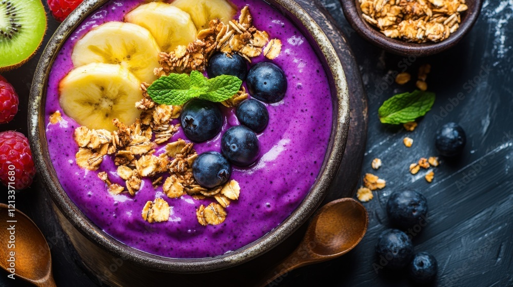 A vibrant vegan smoothie bowl, featuring acai, granola A vibrant vegan smoothie bowl, featuring acai, granola