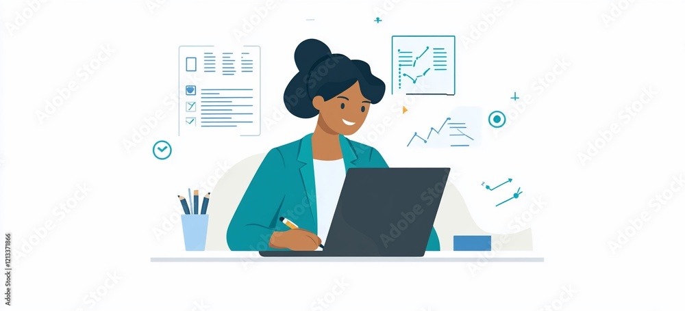 Fototapeta premium Happy businesswoman working on laptop, analyzing data and charts.