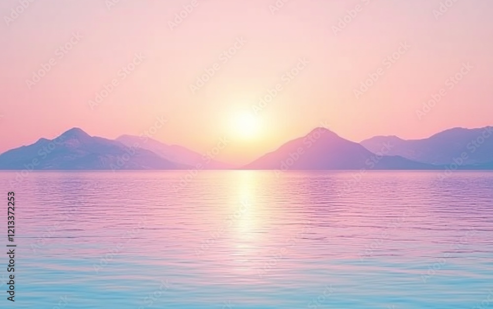 Serene pink sunrise over calm ocean and mountains. Serene pink sunrise over calm ocean and mountains.