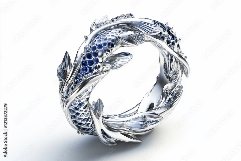 Silver ring with blue gemstone koi fish and leaf design. Silver ring with blue gemstone koi fish and leaf design.