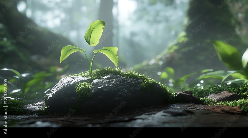 Naklejka premium A Small Sprout Emerging From Mossy Rock In Forest