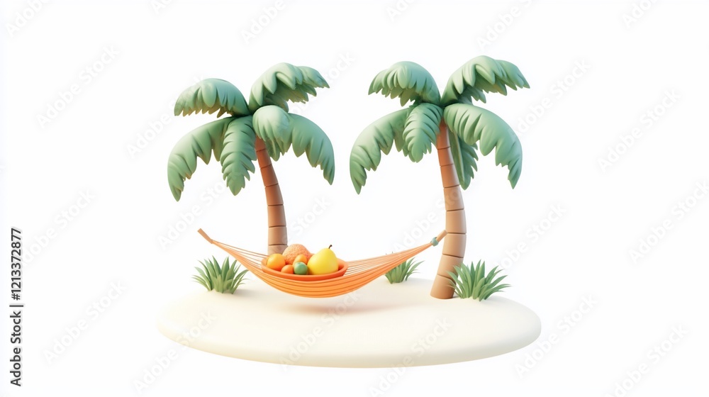 Obraz premium Hammock between palm trees on a tropical island with fruit.