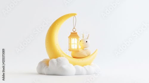 Cute snail with lantern on yellow crescent moon and clouds. photo