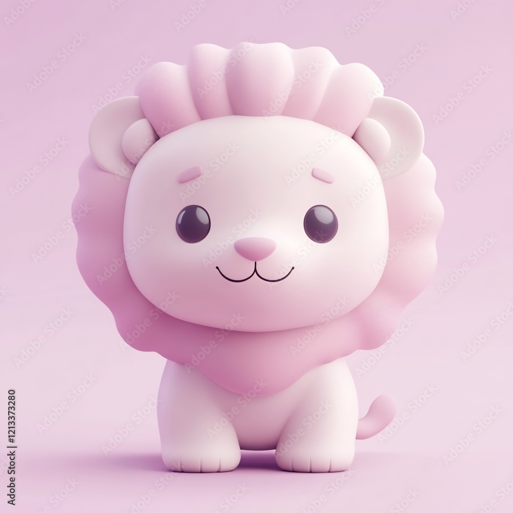 Fototapeta premium Cute pink cartoon lion cub sitting on pink background.