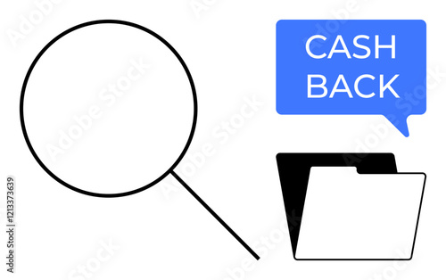 Magnifying glass, blue cashback speech bubble, and open folder. Ideal for finance, research, savings, search, organization business investigation. Simplistic design conveys abstract line flat