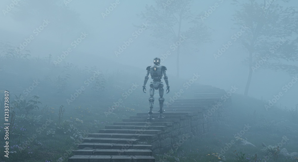 Robotic Figure Ascending Misty Stone Steps: A Surreal Scene Robotic Figure Ascending Misty Stone Steps: A Surreal Scene