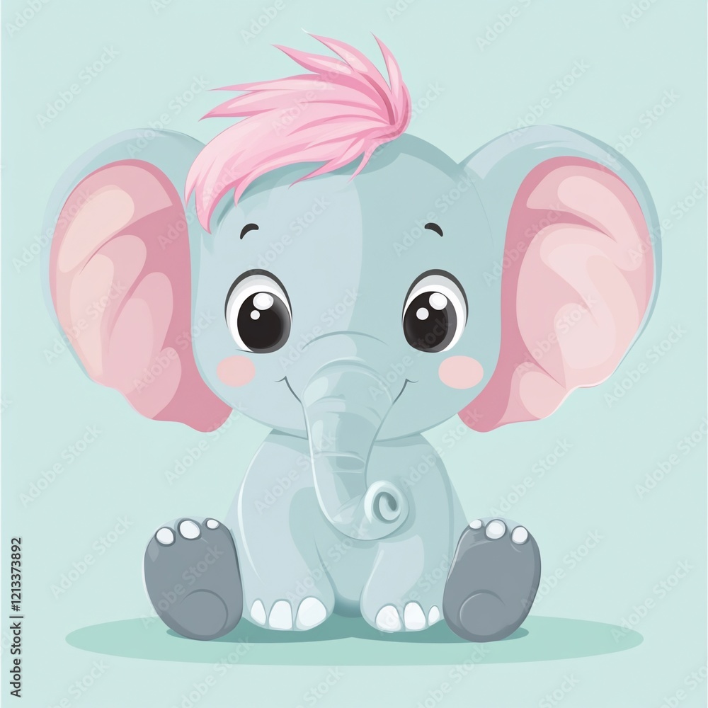 Naklejka premium Cute cartoon baby elephant with pink hair sitting.