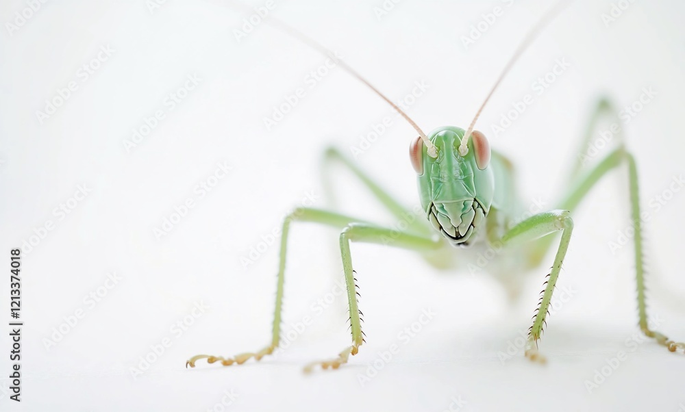 Close-up of a vibrant green katydid insect on a white background. Close-up of a vibrant green katydid insect on a white background.