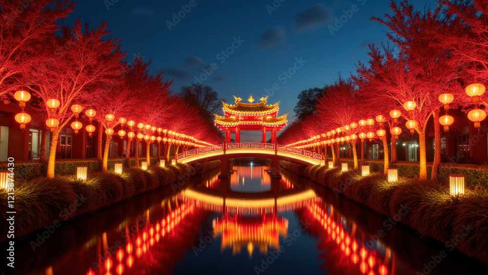 Fototapeta premium Illuminated Chinese Bridge & Lanterns - Cultural celebrations