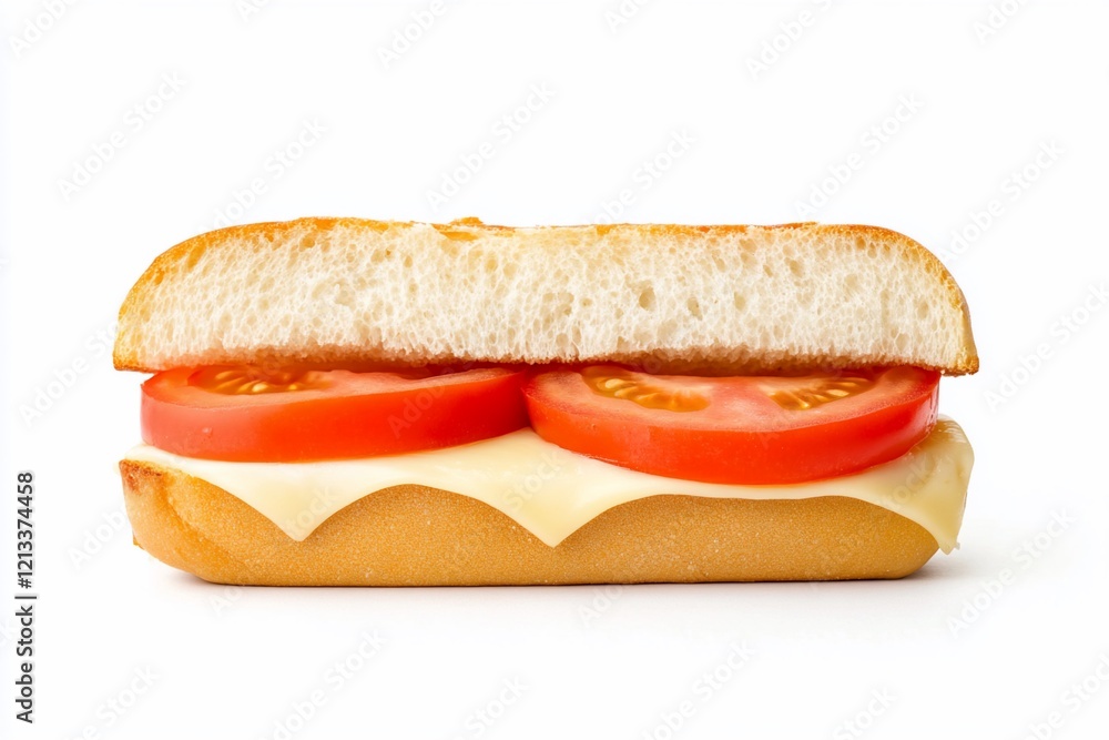 Simple cheese and tomato sandwich on white background.
