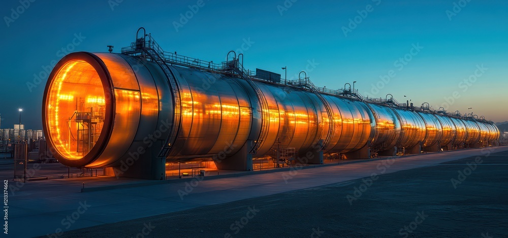 A modern solar-powered desalination plant at sunset, with glowing solar panels harvesting the final rays of the day. The plant continues producing fresh water from seawater as the sun sets. A modern solar-powered desalination plant at sunset, with glowing solar panels harvesting the final rays of the day. The plant continues producing fresh water from seawater as the sun sets.