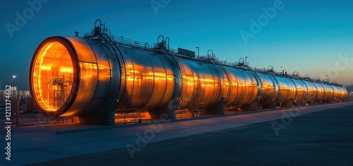 A modern solar-powered desalination plant at sunset, with glowing solar panels harvesting the final rays of the day. The plant continues producing fresh water from seawater as the sun sets. photo