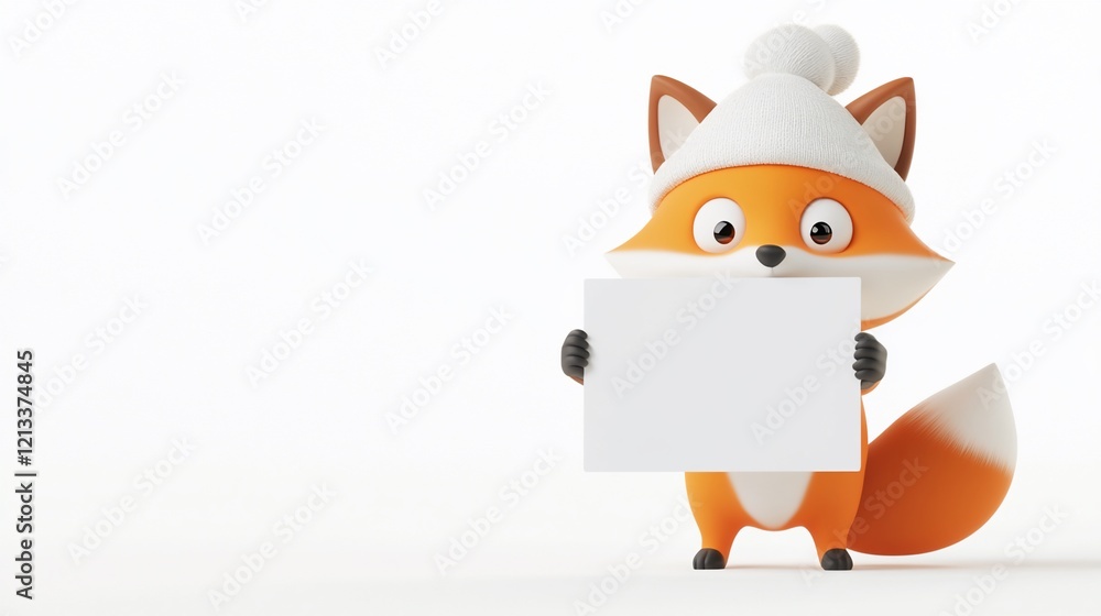 Cute cartoon fox in winter hat holding blank sign. Cute cartoon fox in winter hat holding blank sign.