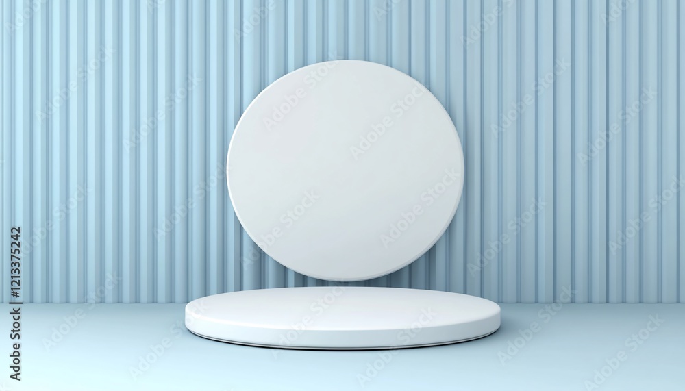 Minimalist 3D render of a white circle on a platform against a light blue ribbed background. Minimalist 3D render of a white circle on a platform against a light blue ribbed background.
