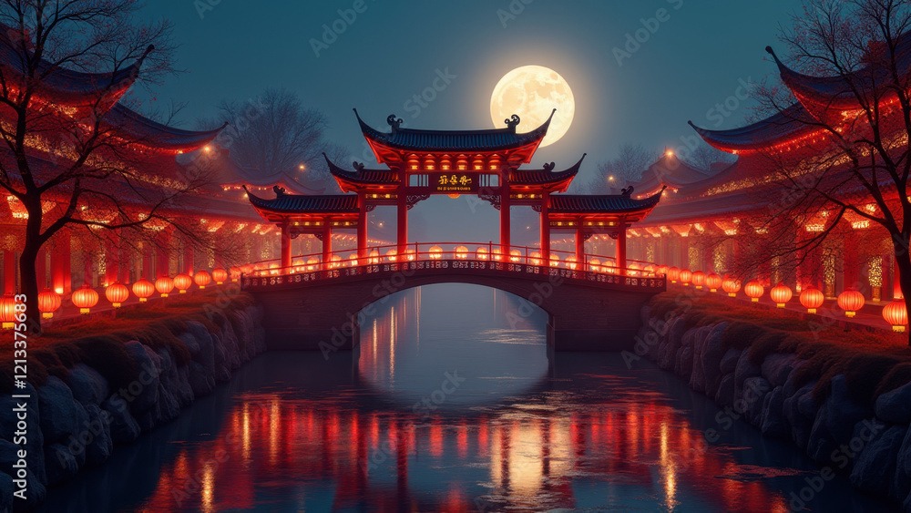 Obraz premium Lantern Lit Chinese Bridge Moon Night - Asian culture/architecture