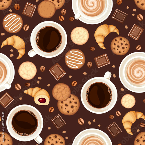 Seamless pattern with coffee cups, coffee beans, croissants, cookies, and chocolate on a brown background. Vector coffee print 