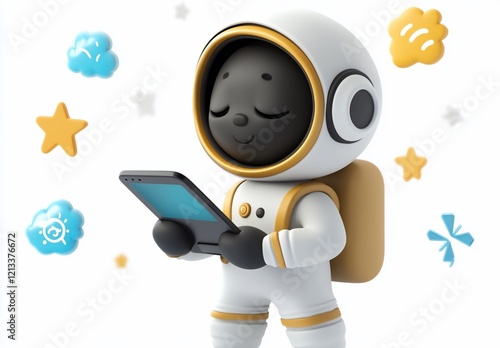Cute astronaut cartoon character using tablet, stars, clouds background.