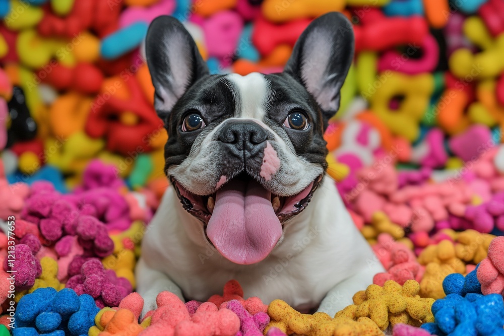 Happy French bulldog puppy amidst colorful toys. Happy French bulldog puppy amidst colorful toys.