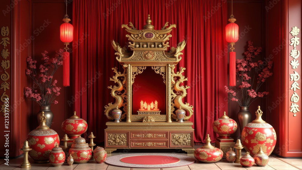 Obraz premium Luxurious Red & Gold Chinese Altar Shrine - Cultural celebrations (.