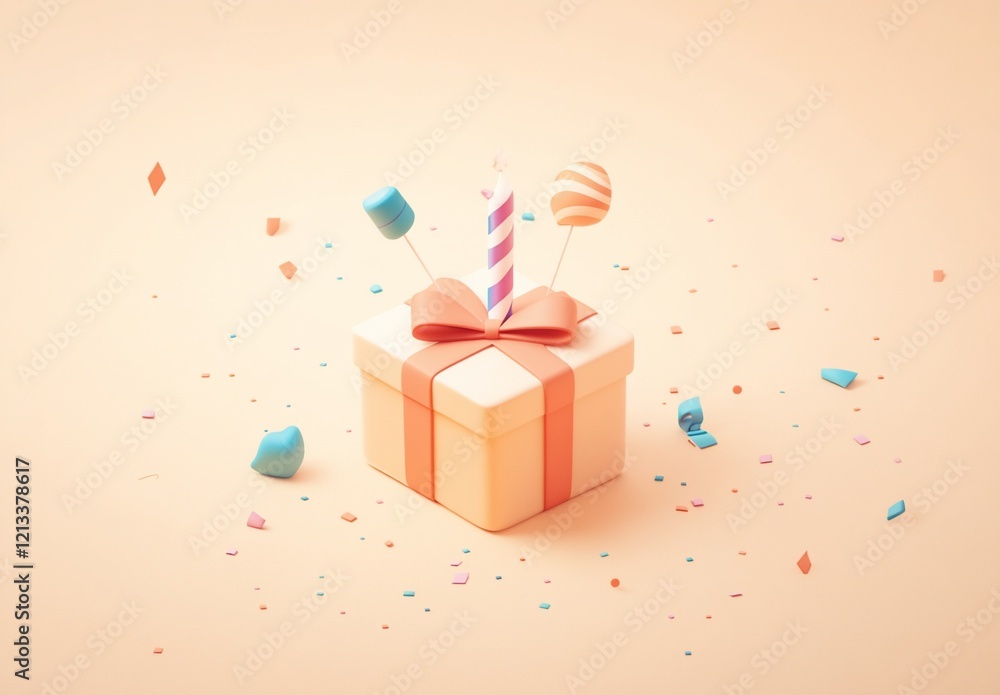 Pastel gift box with candle, candy, and confetti. Pastel gift box with candle, candy, and confetti.