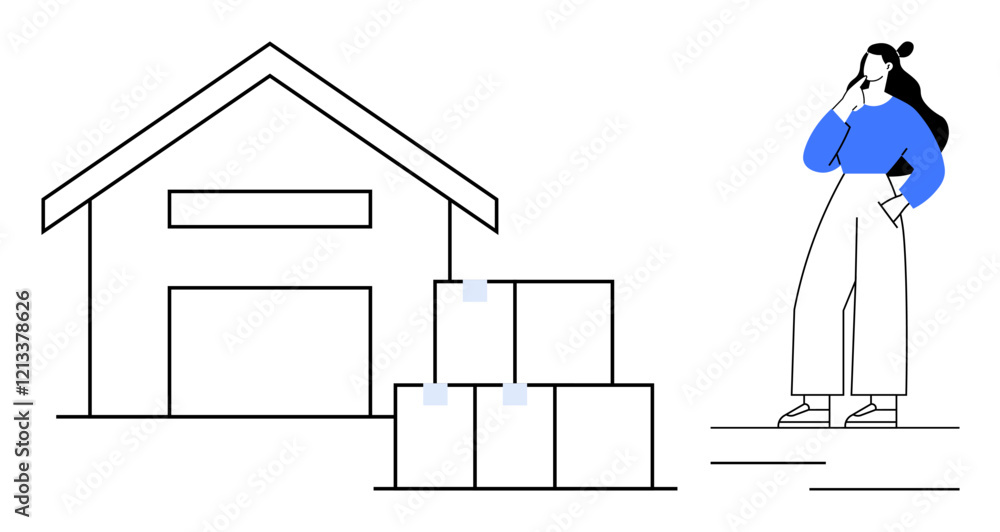 A woman stands thoughtfully next to a warehouse with stacked boxes, highlighting elements of logistics, supply chain, inventory management, and planning. Ideal for business strategy, organization A woman stands thoughtfully next to a warehouse with stacked boxes, highlighting elements of logistics, supply chain, inventory management, and planning. Ideal for business strategy, organization