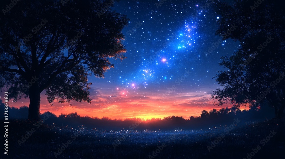 Naklejka premium Quiet countryside under the starry sky