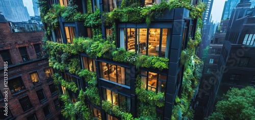 A modern urban high-rise featuring vertical gardens that cover its facade, seamlessly blending innovative architecture with sustainable design to create an eco-friendly, green space in the city. photo