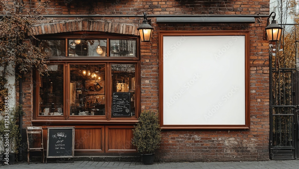 Blank billboard on brick building exterior with cafe storefront. Blank billboard on brick building exterior with cafe storefront.