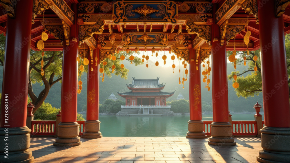 Obraz premium Serene Chinese Pavilion & Temple Lake - Asian architecture and design