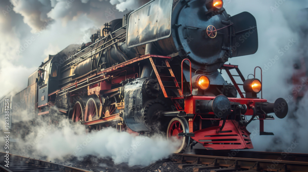 Fototapeta premium Train Locomotive: A robust engine, weighing tons, used to haul freight and passengers over long distances, known for its strength and vital role in transportation. 