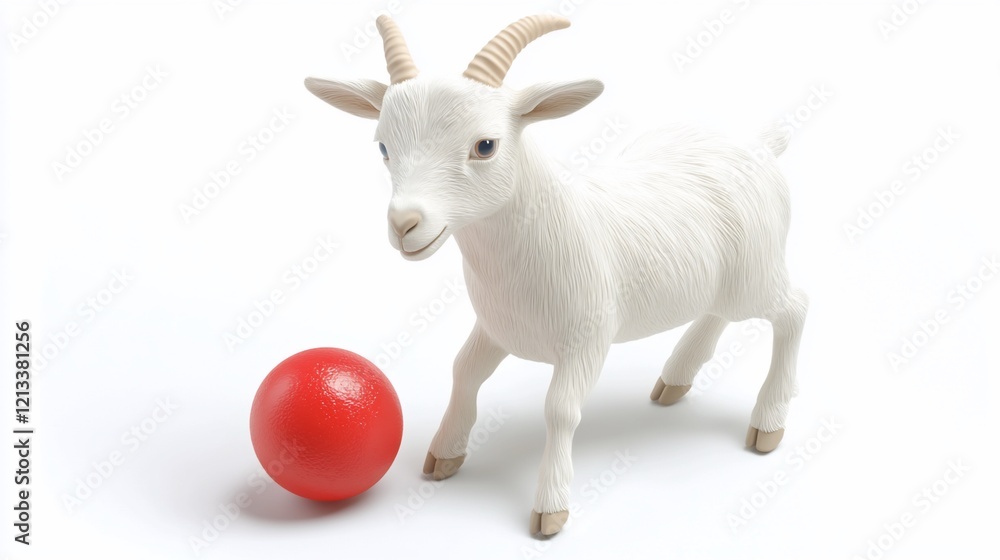 Obraz premium White goat figurine near red ball on white background.