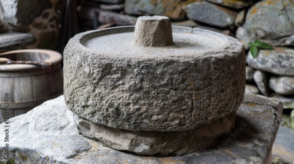 Stone Grinding Wheel: A solid, heavy tool used in ancient mills, where it ground grains into flour, essential for food production in historical societies.
Stone Grinding Wheel: A solid, heavy tool used in ancient mills, where it ground grains into flour, essential for food production in historical societies.