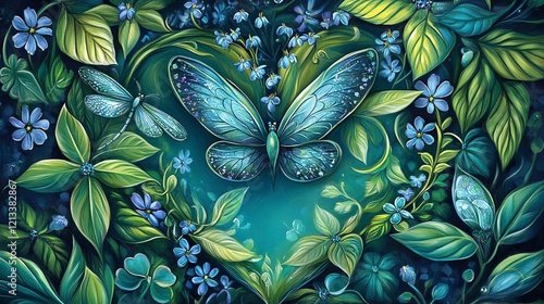 Enchanting Butterfly and Dragonfly in Heart-Shaped Floral Embrace