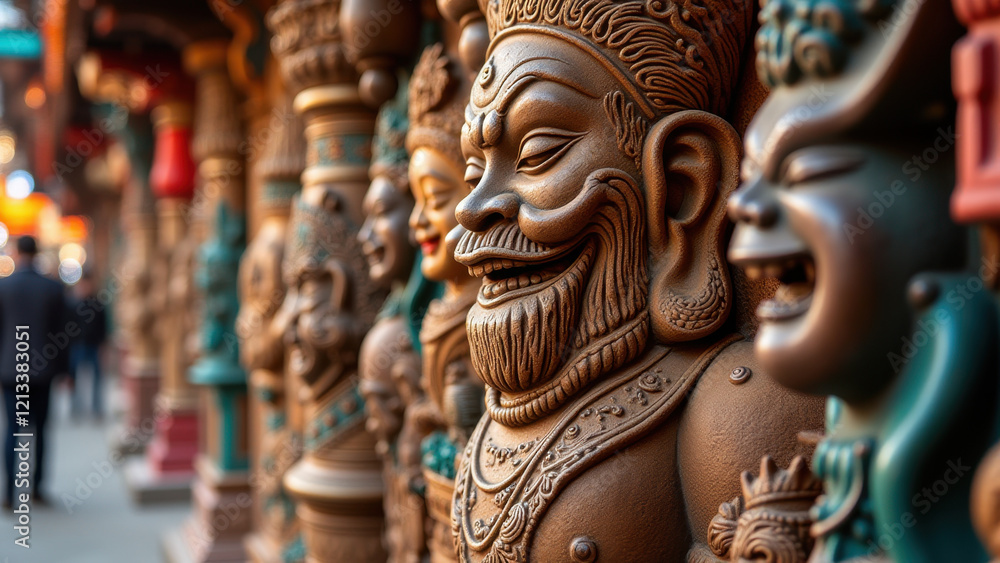 Fototapeta premium Smiling Asian Deity Statues, Temple Detail - Cultural Heritage