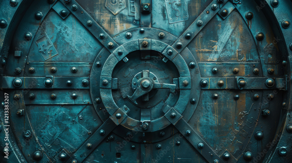 Naklejka premium Steel Vault Door: A security door made of reinforced steel, typically found in banks or military sites, providing unparalleled protection and secure access to valuable assets.