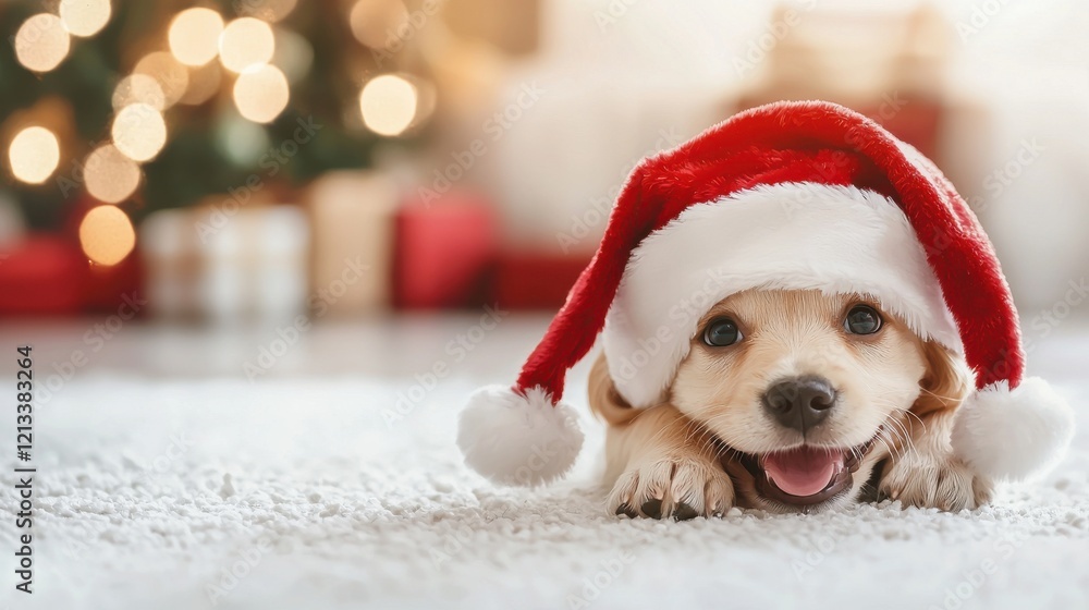 Cheerful Pup Enjoying Christmas in Cozy Santa Hat Cheerful Pup Enjoying Christmas in Cozy Santa Hat