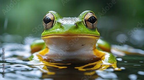 Close-up of a green and yellow frog with large golden eyes in water looking directly photo