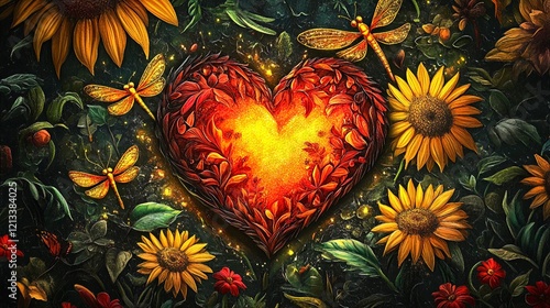 Heart of Autumn Sunflowers, Dragonflies, and a Glowing Heart
