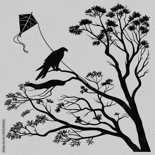 a kite stuck in a tree silhouette vector design art and illustration