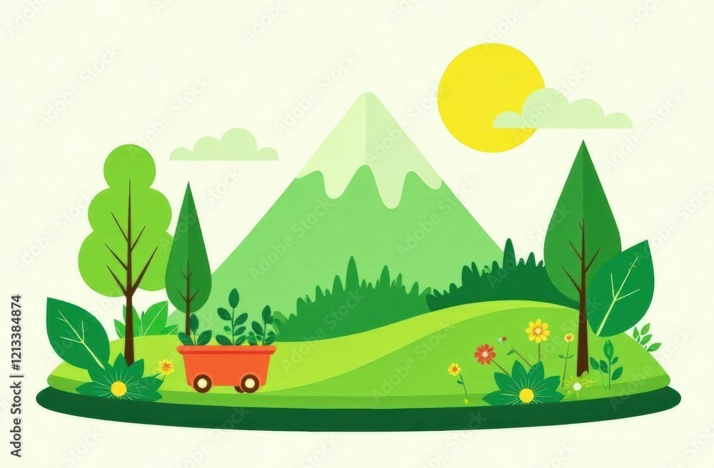 Obraz premium Spring landscape with trees, mountains, fields, leaves. illustration in flat style.