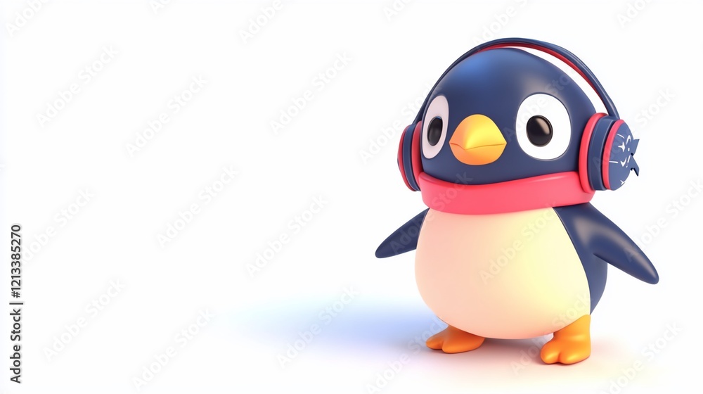 Fototapeta premium Cute cartoon penguin wearing headphones and scarf.