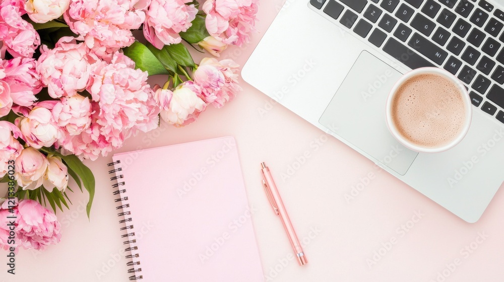 Cozy Workspace with Pink Floral Bouquet on Desk Cozy Workspace with Pink Floral Bouquet on Desk