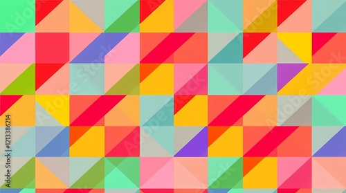 A bold geometric seamless pattern with overlapping squares and triangles in a variety of bright, neon colors, using a vibrant style with sharp edges, displaying a dynamic and energetic.