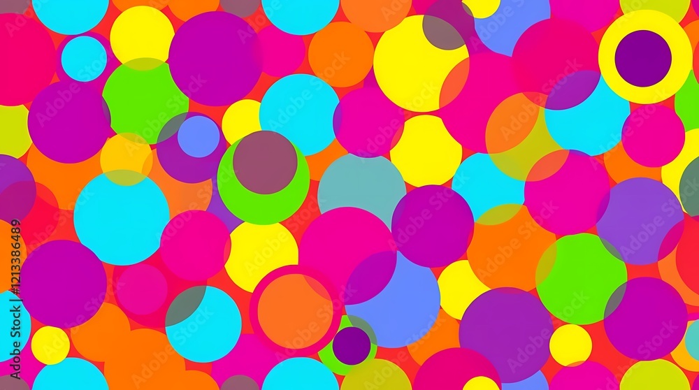 A bold seamless pattern featuring a dynamic collage of overlapping circles in a spectrum of neon colors, rendered in a pop art style with thick outlines and a high level of saturation,. A bold seamless pattern featuring a dynamic collage of overlapping circles in a spectrum of neon colors, rendered in a pop art style with thick outlines and a high level of saturation,.