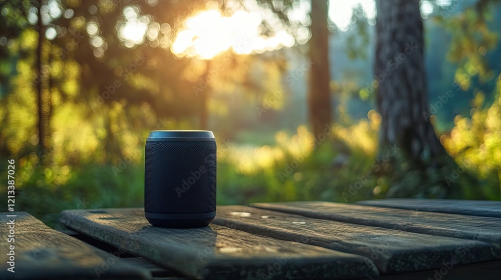 Portable Speaker Rests On Wooden Bench In Sunny Forest Portable Speaker Rests On Wooden Bench In Sunny Forest